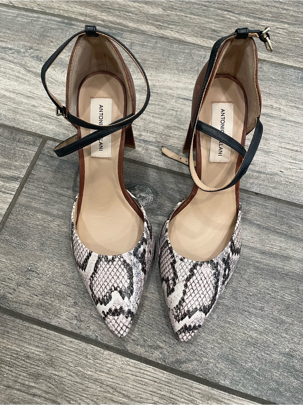 ANTONIO MELANI Snake-Print Pointed Toe Ankle-Strap Pumps in Black and White